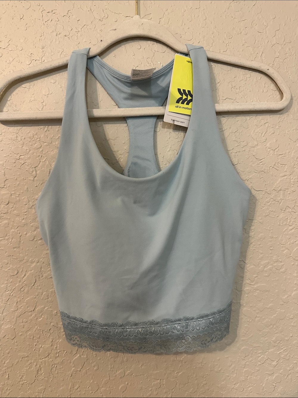 all in motion Pale Blue Lace-Hem Racerback tank NWT b
8